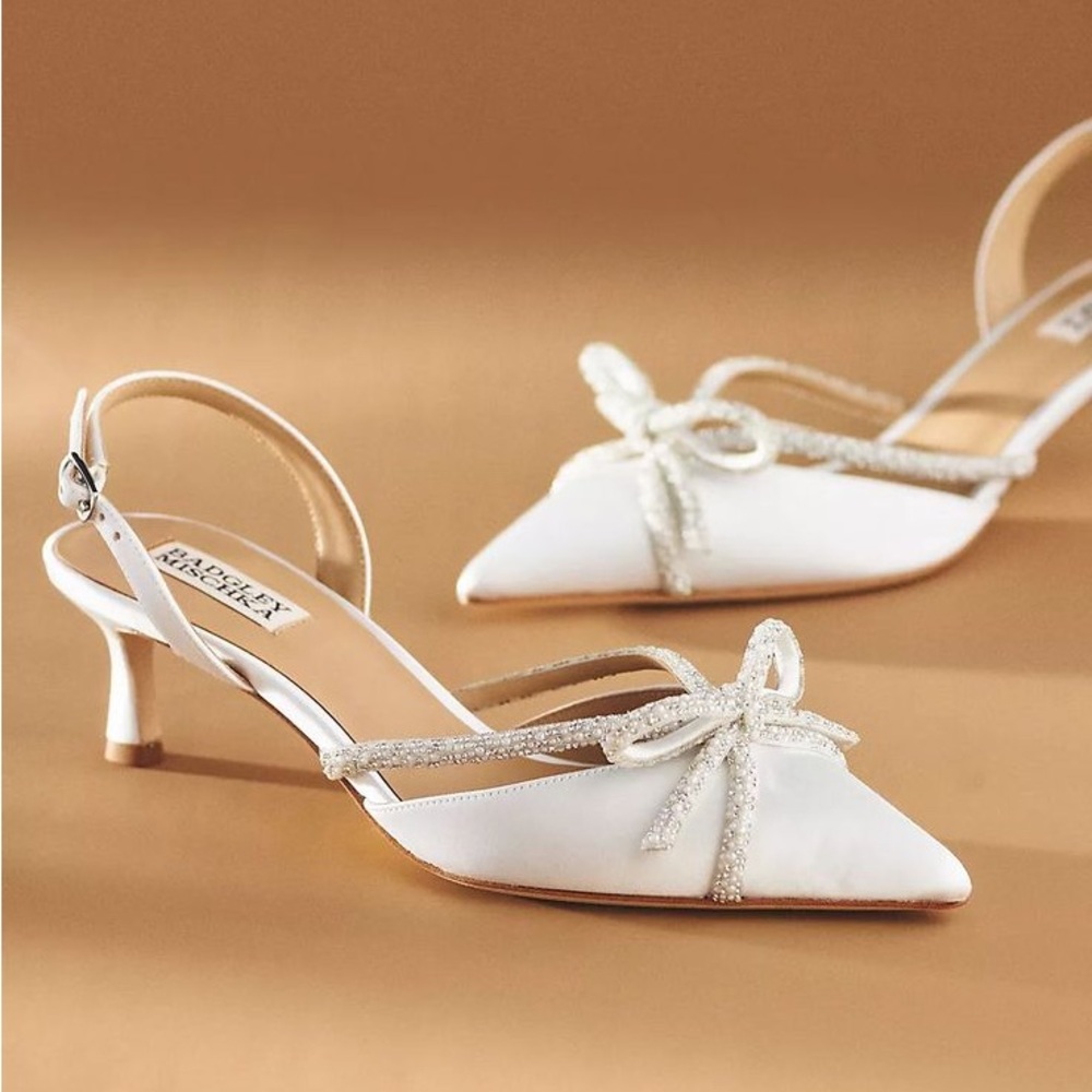 Badgley Mischka Angelina White Satin Kitten Heels